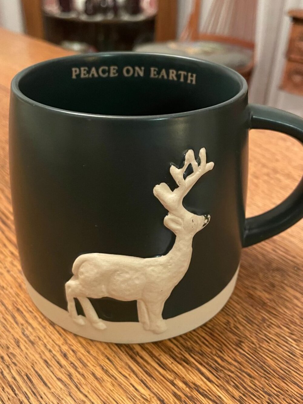 Peace on Earth 3-D Reindeer Themed Green Coffee Cup Mug 17 oz Place & Time*